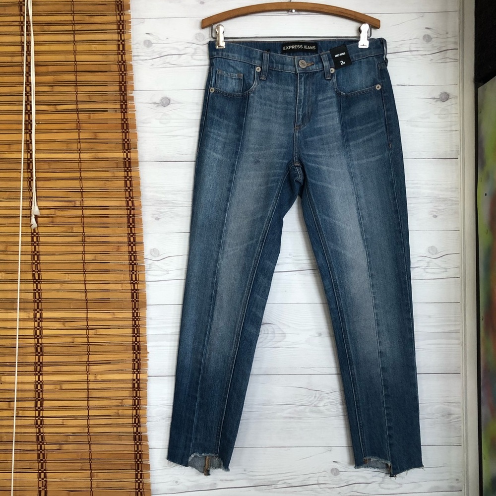 Express Mid Rise Skinny Jeans Raw Uneven Hem Medium Wash Size 2R